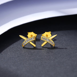 925 Sterling Silver Plated Gold Simple Personality Cross Geometric Stud Earrings with Cubic Zirconia