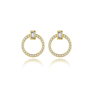 925 Sterling Silver Plated Gold Simple Fashion Hollow Geometric Circle Stud Earrings with Cubic Zirconia