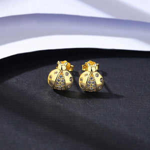 925 Sterling Silver Plated Gold Simple Cute Ladybug Stud Earrings with Cubic Zirconia