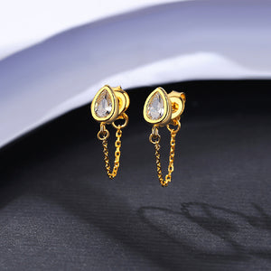 925 Sterling Silver Plated Gold Fashion Simple Water Drop Shape Geometric Tassel Earrings with Cubic Zirconia