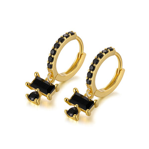 925 Sterling Silver Plated Gold Simple Temperament Geometric Square Circle Earrings with Black Cubic Zirconia