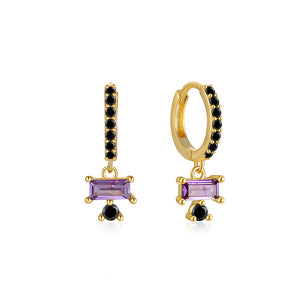 925 Sterling Silver Plated Gold Simple Temperament Geometric Square Circle Earrings with Purple Cubic Zirconia