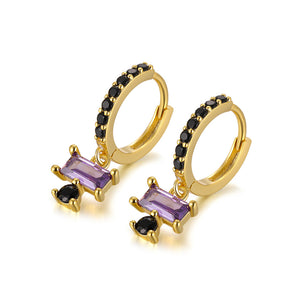 925 Sterling Silver Plated Gold Simple Temperament Geometric Square Circle Earrings with Purple Cubic Zirconia