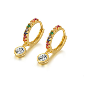 925 Sterling Silver Plated Gold Simple Fashion Geometric Round Earrings with Colorful Cubic Zirconia