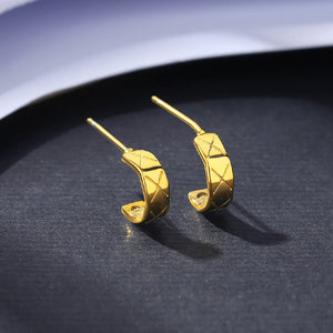 925 Sterling Silver Plated Gold Simple Fashion Cross Pattern C-Shape Geometric Stud Earrings