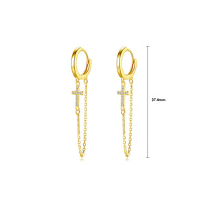 925 Sterling Silver Plated Gold Fashion Simple Cross Tassel Earrings with Cubic Zirconia