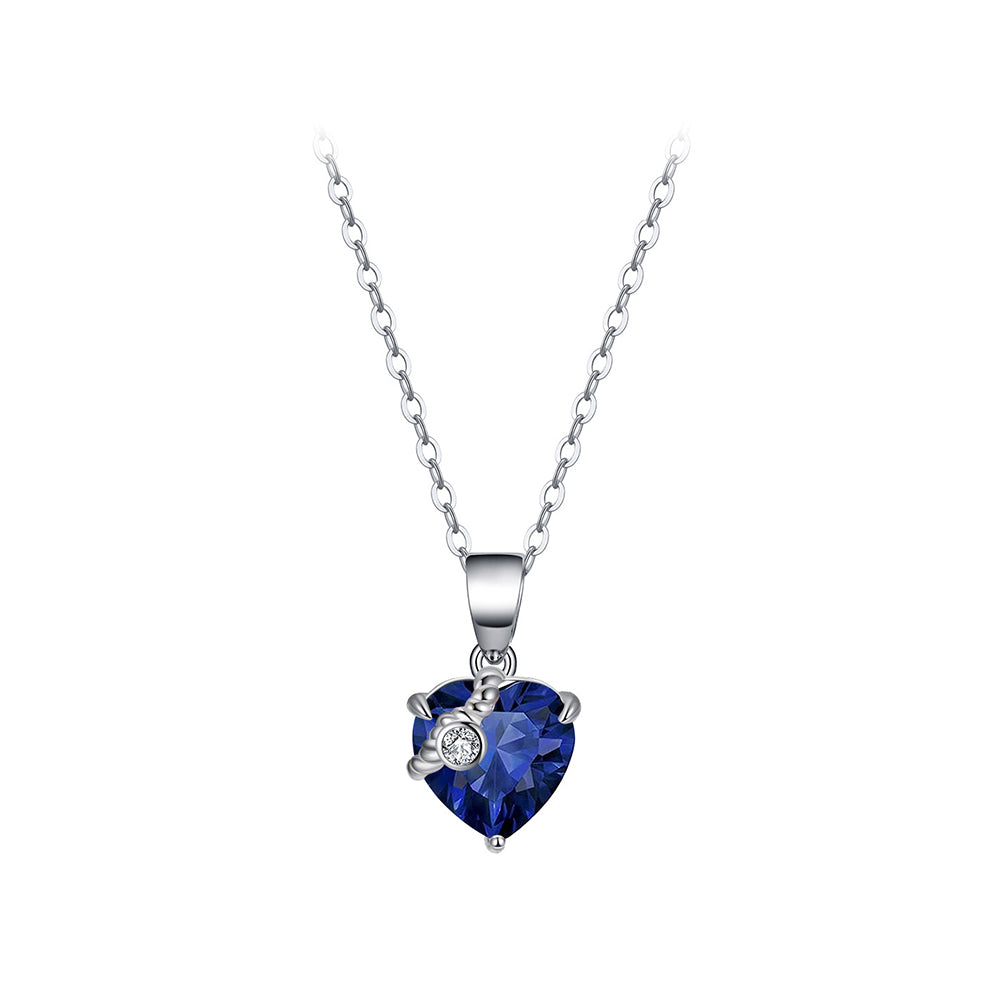 925 Sterling Silver Fashion Simple September Birthstone Heart Pendant with Dark Blue Cubic Zirconia and Necklace