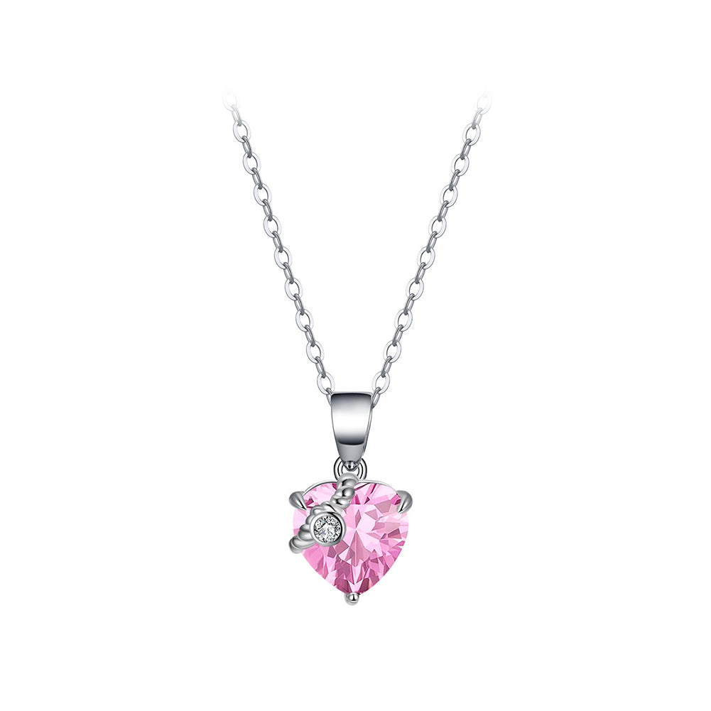 925 Sterling Silver Fashion Simple October Birthstone Heart Pendant with Pink Cubic Zirconia and Necklace