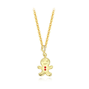 925 Sterling Silver Plated Gold Simple Cute Christmas Cookie Man Pendant with Necklace