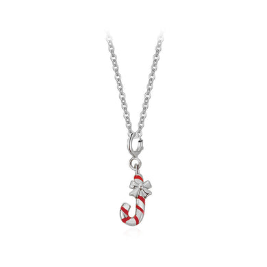925 Sterling Silver Simple Cute Christmas Candy Cane Pendant with Necklace