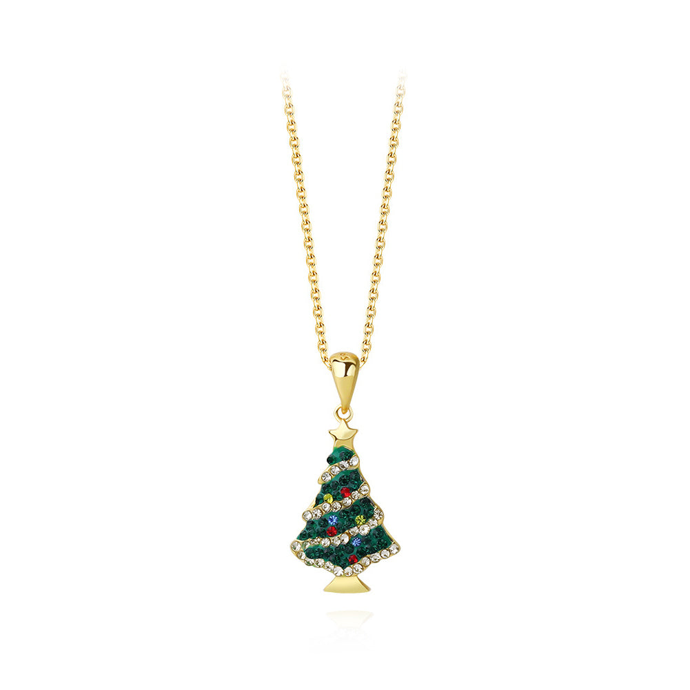 925 Sterling Silver Plated Gold Fashion Romantic Christmas Tree Pendant with Cubic Zirconia and Necklace