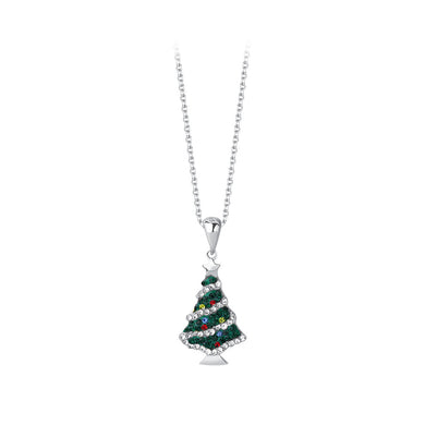 925 Sterling Silver Fashion Romantic Christmas Tree Pendant with Cubic Zirconia and Necklace