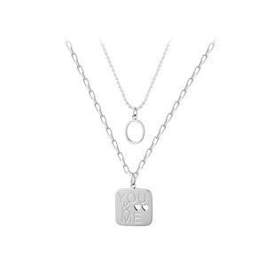 Fashion Simple 316L Stainless Steel Hollow Heart Shaped English Alphabet Geometric Square Pendant with Double Layer Necklace