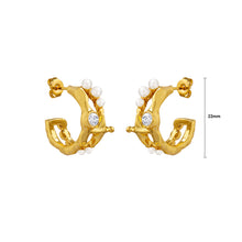 Load image into Gallery viewer, Fashion Personality Plated Gold 316L Stainless Steel Irregular C-Shape Geometric Stud Earrings with Imitation Pearls and Cubic Zirconia