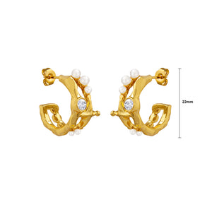 Fashion Personality Plated Gold 316L Stainless Steel Irregular C-Shape Geometric Stud Earrings with Imitation Pearls and Cubic Zirconia