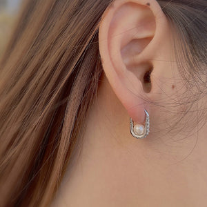 925 Sterling Silver Fashion Elegant U-Shape Geometric Imitation Pearl Stud Earrings with Cubic Zirconia