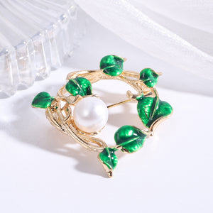 Fashion Temperament Plated Gold Enamel Green Leaf Imitation Pearl Brooch