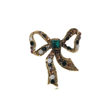 Load image into Gallery viewer, Fashion Vintage Plated Gold Ribbon Green Cubic Zirconia Brooch
