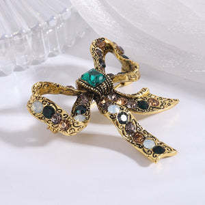 Fashion Vintage Plated Gold Ribbon Green Cubic Zirconia Brooch