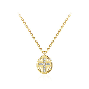 925 Sterling Silver Plated Gold Simple Fashion Cross Geometric Pendant with Cubic Zirconia and Necklace