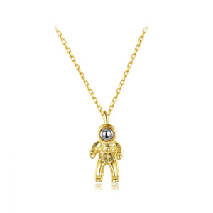 925 Sterling Silver Plated Gold Creative Personality Astronaut Pendant with Imitation Pearls and Necklace