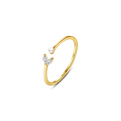 925 Sterling Silver Plated Gold Fashion Simple Geometric Imitation Pearl Adjustable Open Ring with Cubic Zirconia