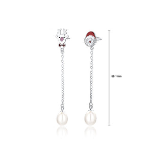 925 Sterling Silver Simple Cute Santa Elk Tassel Freshwater Pearl Earrings