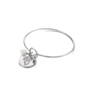 Simple and Elegant 316L Stainless Steel January Birthday Flower Bangle with Imitation Pearls
