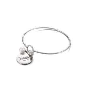 Simple and Elegant 316L Stainless Steel February Birthday Flower Bangle with Imitation Pearls