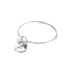 Simple and Elegant 316L Stainless Steel June Birthday Flower Bangle with Imitation Pearls