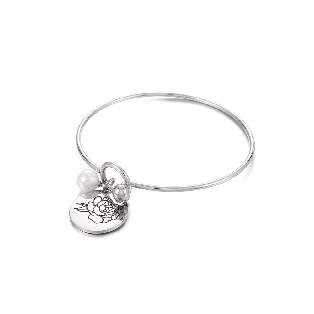 Simple and Elegant 316L Stainless Steel July Birthday Flower Bangle with Imitation Pearls