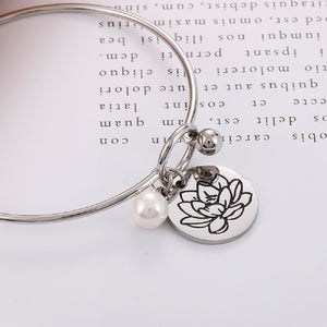 Simple and Elegant 316L Stainless Steel September Birthday Flower Bangle with Imitation Pearls