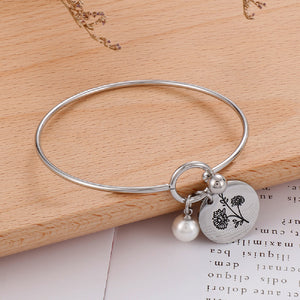 Simple and Elegant 316L Stainless Steel November Birthday Flower Bangle with Imitation Pearls