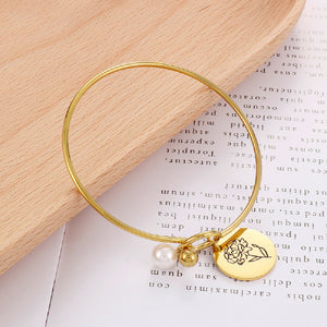 Simple and Elegant Plated Gold 316L Stainless Steel January Birthday Flower Bangle with Imitation Pearls