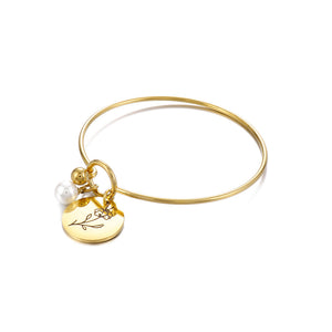 Simple and Elegant Plated Gold 316L Stainless Steel February Birthday Flower Bangle with Imitation Pearls