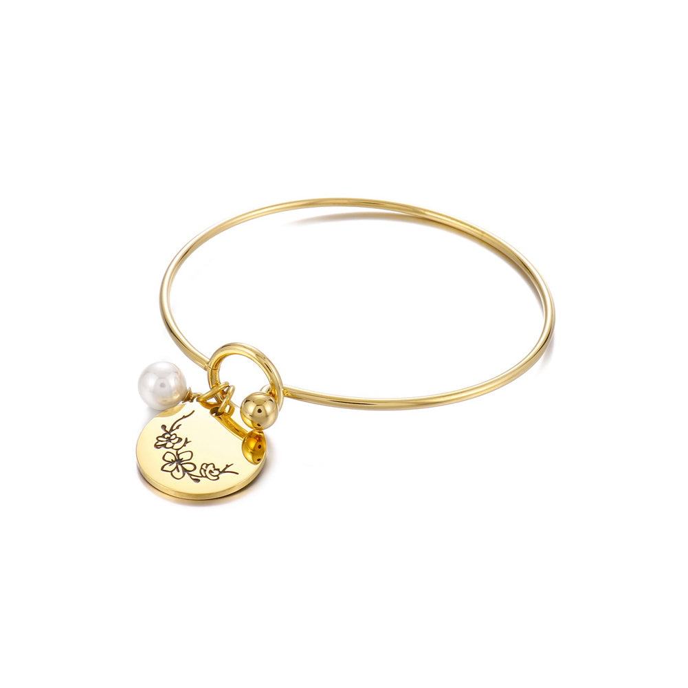 Simple and Elegant Plated Gold 316L Stainless Steel March Birthday Flower Bangle with Imitation Pearls