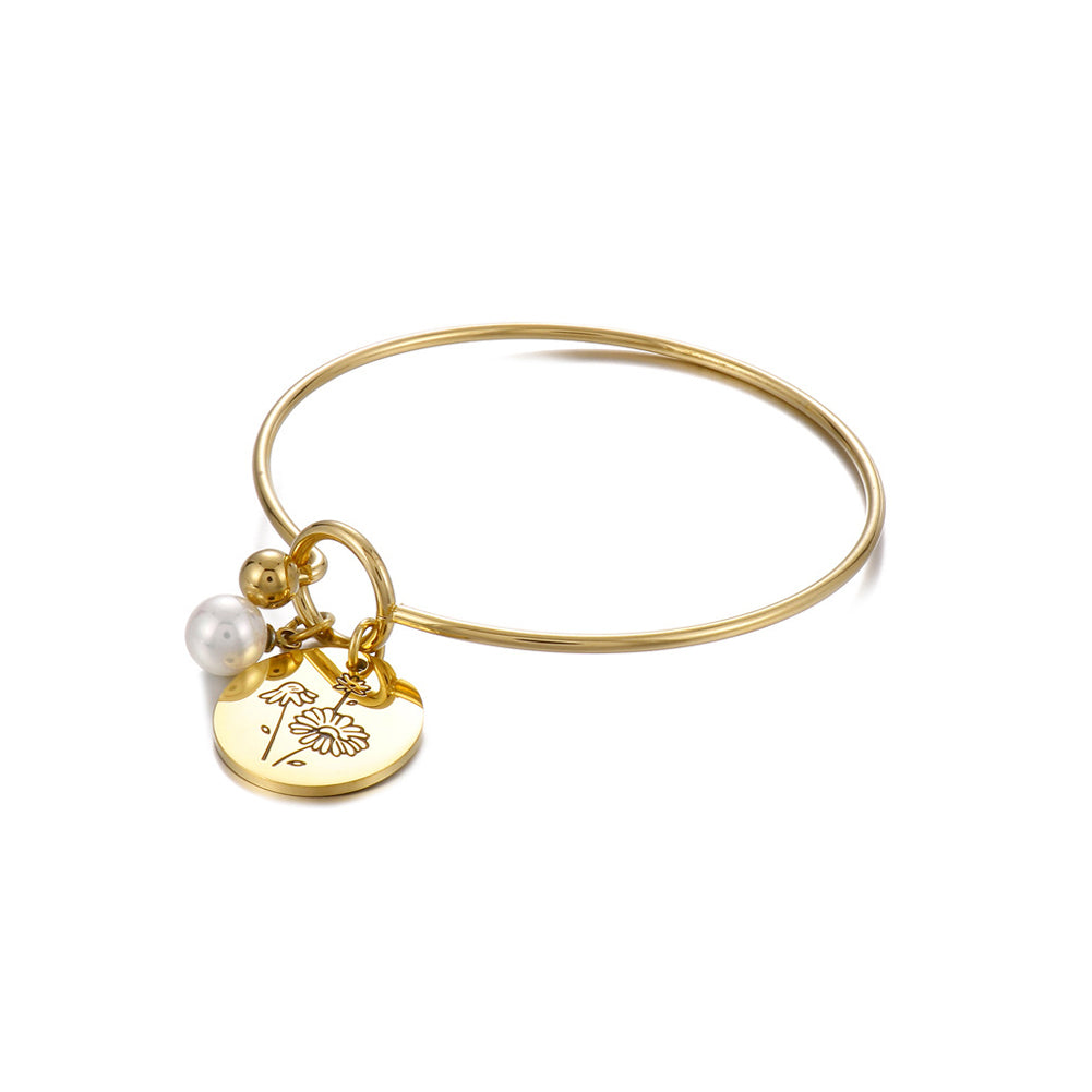 Simple and Elegant Plated Gold 316L Stainless Steel April Birthday Flower Bangle with Imitation Pearls