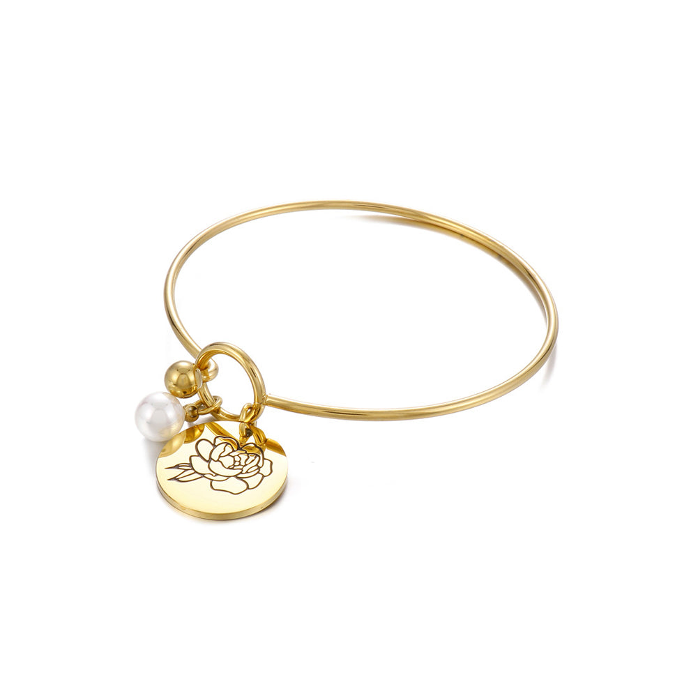 Simple and Elegant Plated Gold 316L Stainless Steel September Birthday Flower Bangle with Imitation Pearls