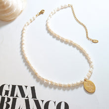 Load image into Gallery viewer, Fashion Elegant Plated Gold 316L Stainless Steel Rose Geometric Oval Pendant with Imitation Pearl Beaded Necklace