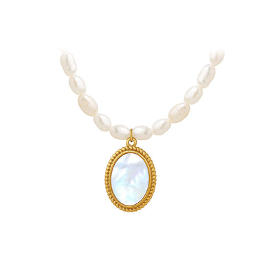 Fashion Elegant Plated Gold 316L Stainless Steel Shell Geometric Oval Pendant with Imitation Pearl Necklace