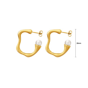 Simple Personality Plated Gold 316L Stainless Steel Irregular C-Shape Geometric Stud Earrings with Imitation Pearls