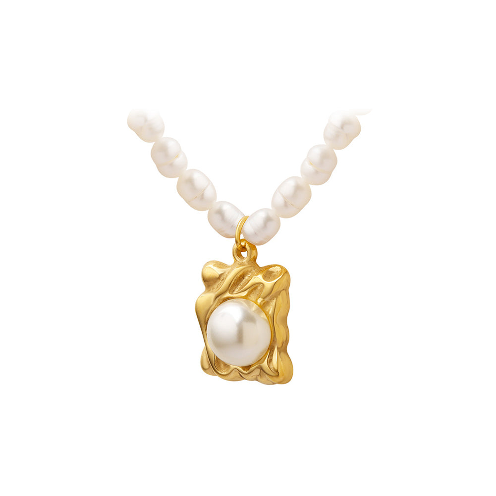 Fashion Elegant Plated Gold 316L Stainless Steel Irregular Geometric Square Imitation Pearl Pendant with Beaded Necklace