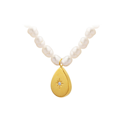 Fashion Simple Plated Gold 316L Stainless Steel Star Cubic Zirconia Water Drop Pendant with Imitation Pearl Beaded Necklace