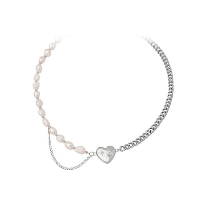 Fashion Simple 316L Stainless Steel Heart Stitched Imitation Pearl Beaded Necklace with Cubic Zirconia