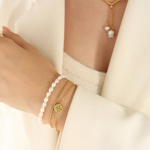 Fashion Elegant Plated Gold 316L Stainless Steel Geometric Round Double Layer Imitation Pearl Bracelet