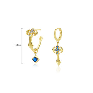 925 Sterling Silver Plated Gold Fashion Personality Asymmetric Cross Geometric Earrings with Cubic Zirconia