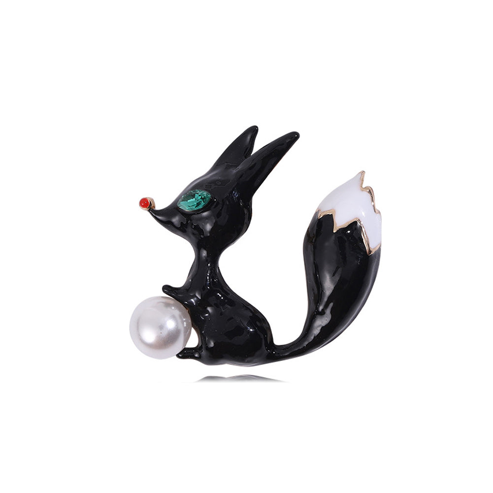 Fashion Lovely Plated Gold Enamel Black Fox Imitation Pearl Brooch with Cubic Zirconia