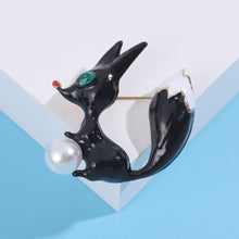 Load image into Gallery viewer, Fashion Lovely Plated Gold Enamel Black Fox Imitation Pearl Brooch with Cubic Zirconia