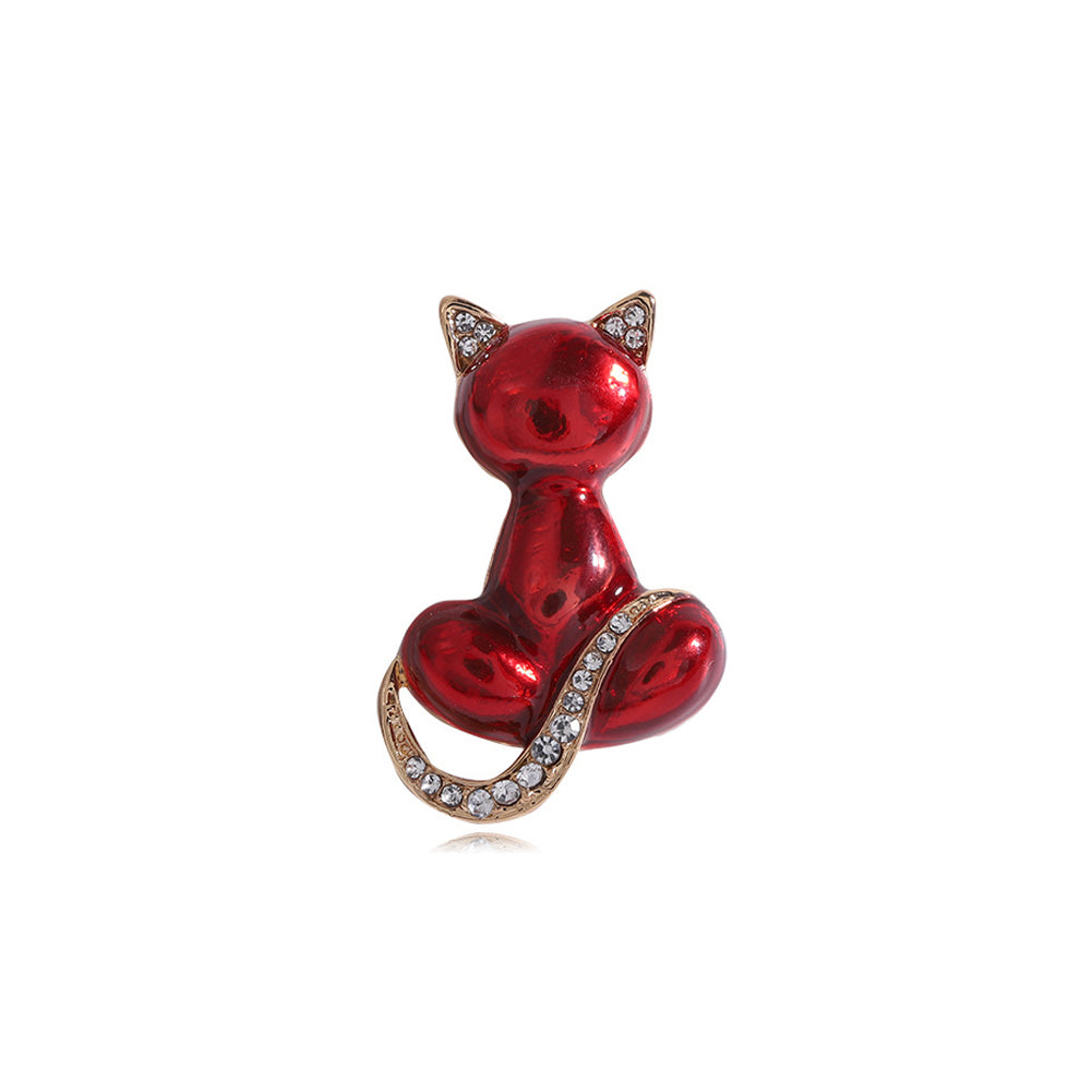 Simple Lovely Plated Gold Enamel Red Cat Brooch with Cubic Zirconia