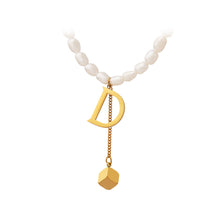 Load image into Gallery viewer, Simple Fashion Plated Gold 316L Stainless Steel English Alphabet D Tassel Square Pendant with Imitation Pearl Necklace